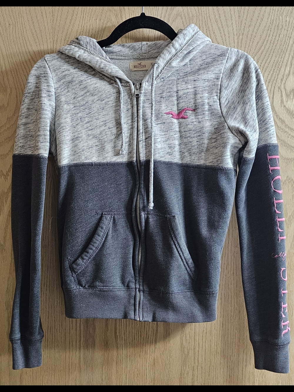 Hollister Gray & Light Heather Gray Zip Hoodie with Pink Logo and Arm Detail